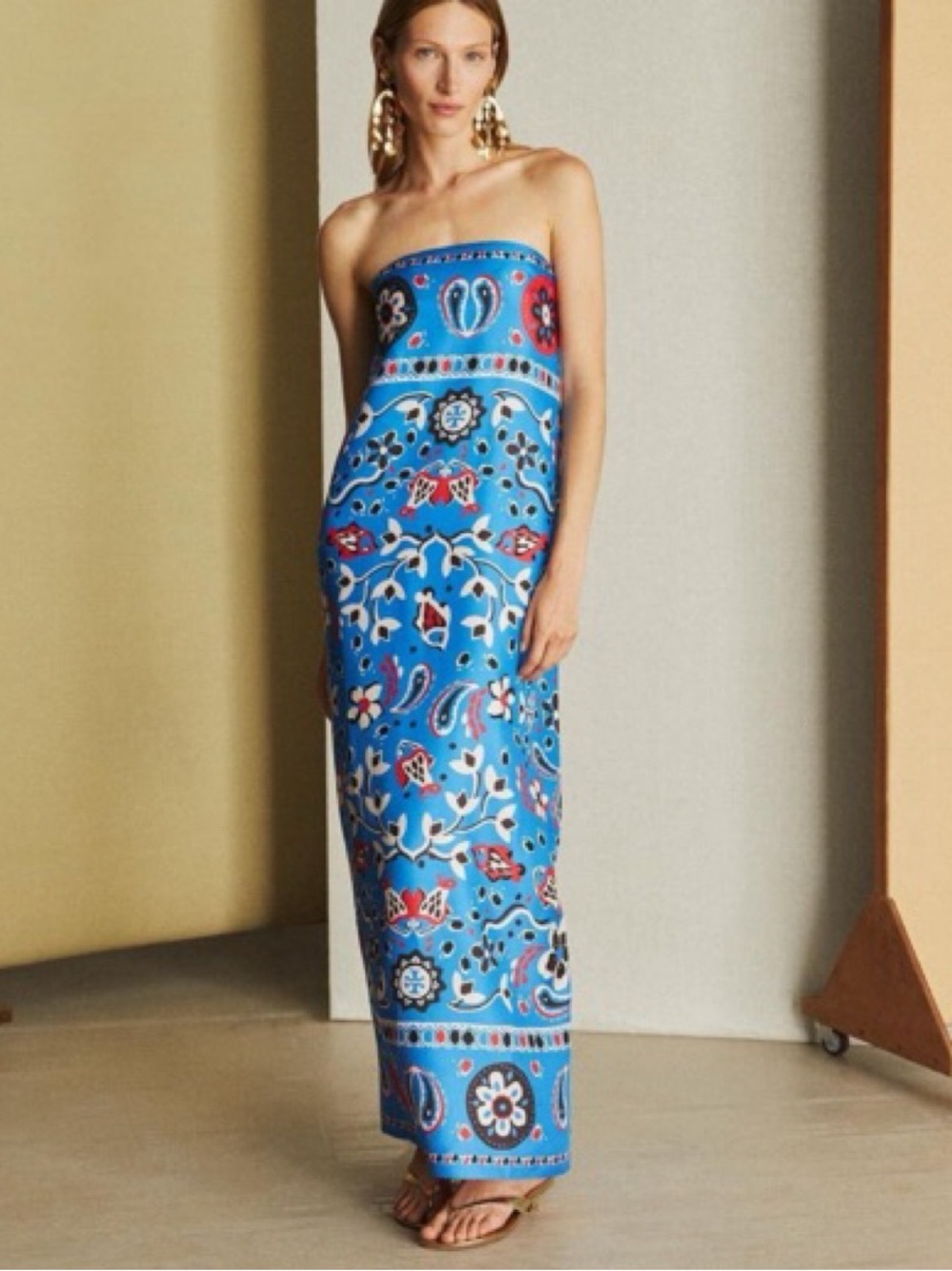 Tory Burch Strapless Blue Paisley-Print Maxi Dress